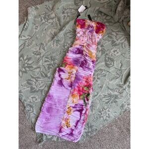 AFRM Floral Portrait Ruched Mesh Maxi Dress Strapless Sleeveless Purple S